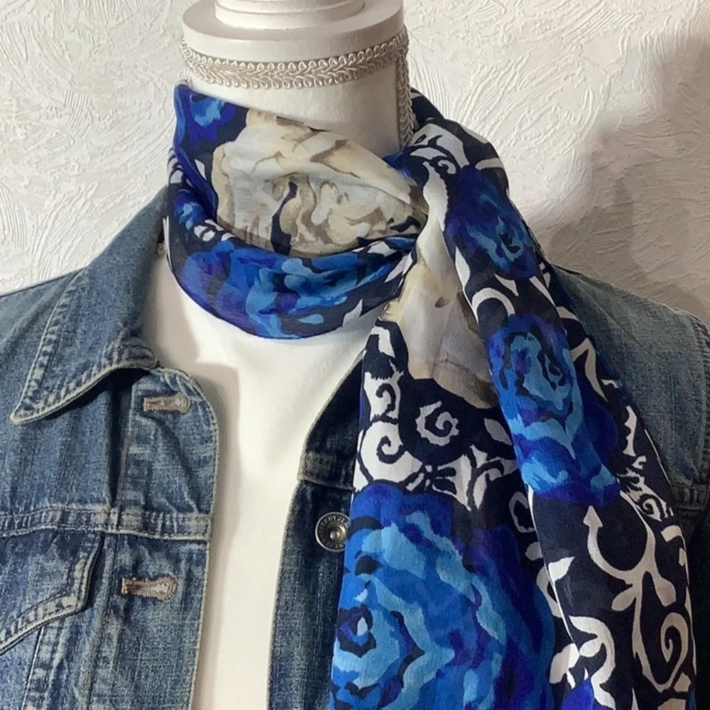 Chic & Unique - Blue & Cream lightweight silky feel Scarf - more than one use